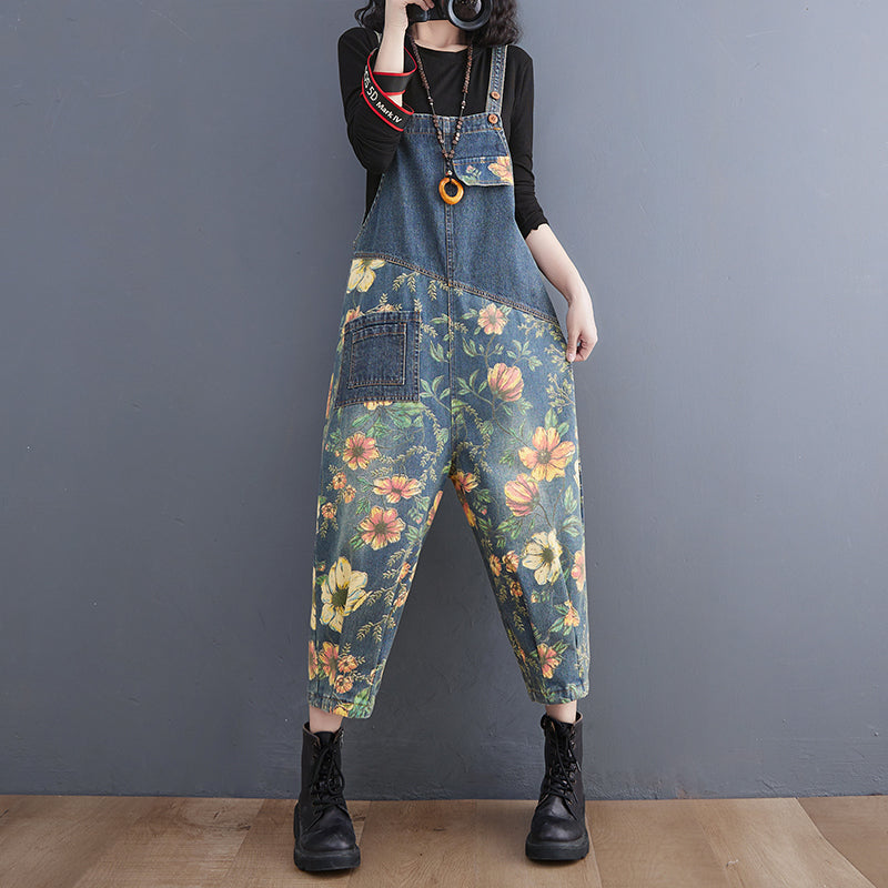 Vireous Patchwork Floral Denim Jumpsuit