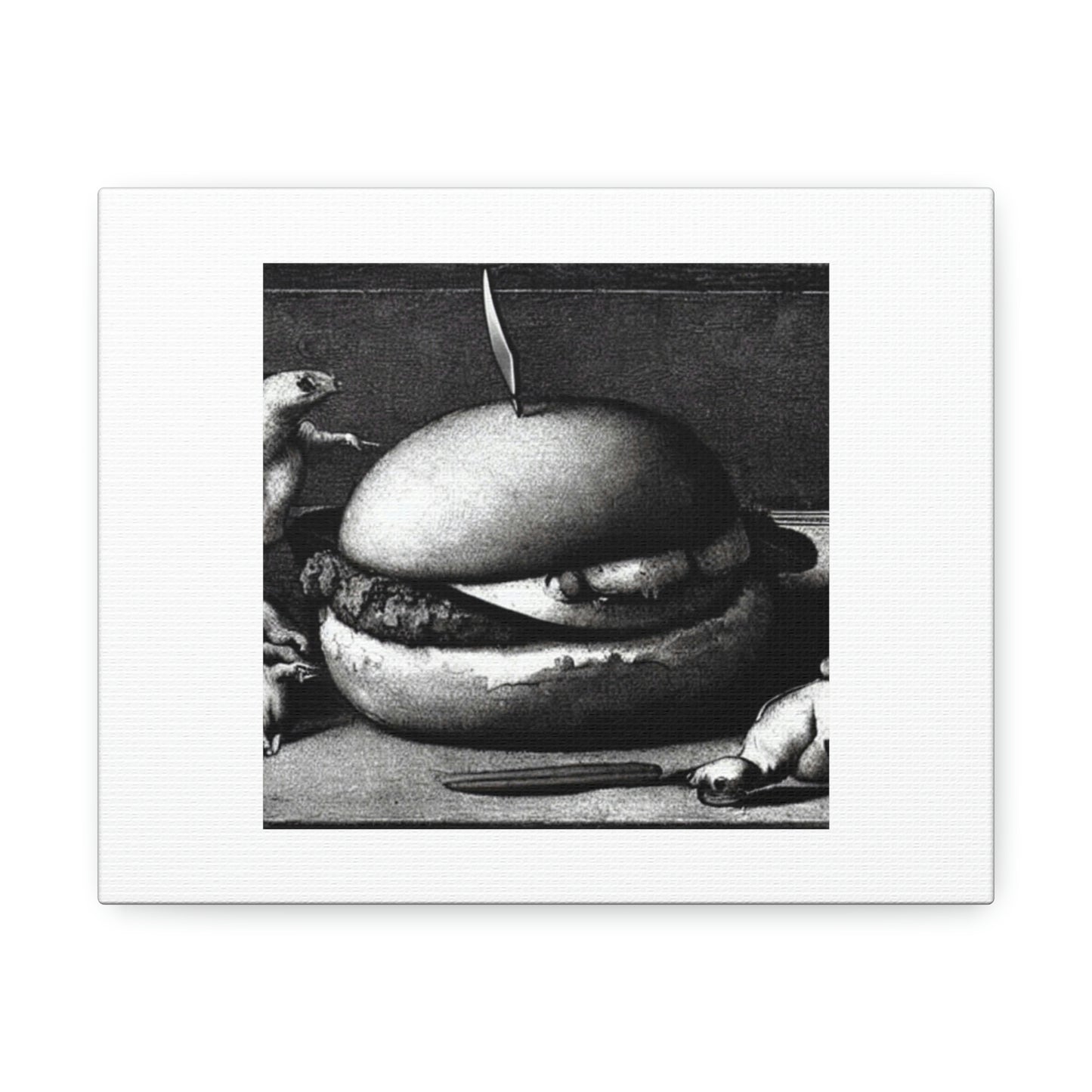 Loose Burger With Mouse Still Life 'Designed by AI' on Satin Canvas, Stretched