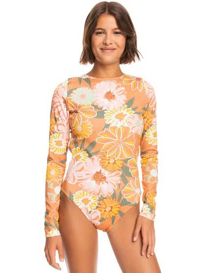 Tenglong Manches Longues Dos Nu Combinaison de Surf pour Femme Imprimé Fleur