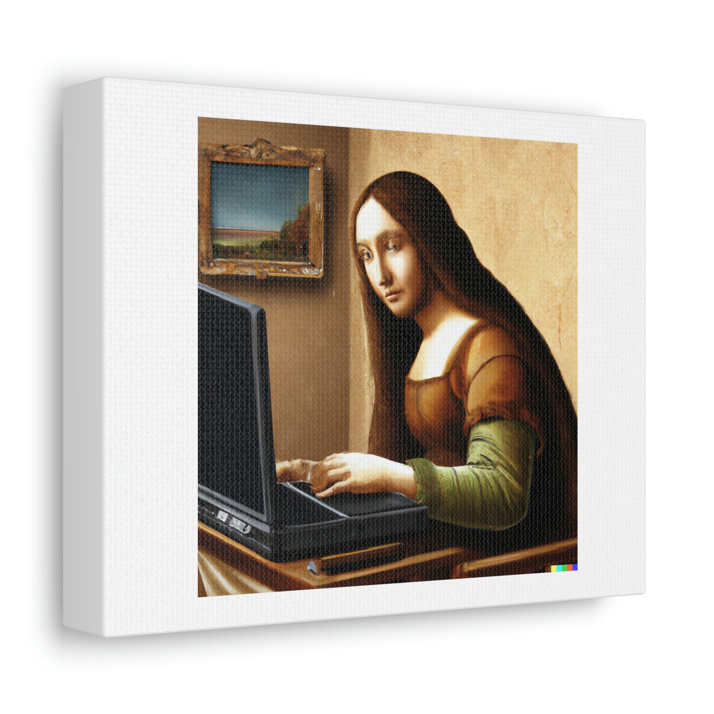 Peinture photoréaliste de Mona Lisa travaillant sur un ordinateur portable Art numérique 'conçu par AI' sur toile satinée