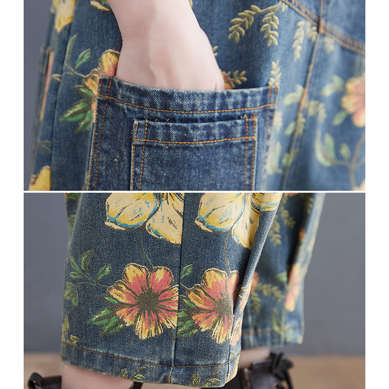 Vireous Patchwork Floral Denim Jumpsuit