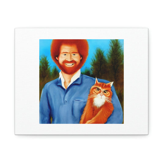 Peintre Bob Ross avec un art numérique Ginger Cat 'conçu par AI' sur toile