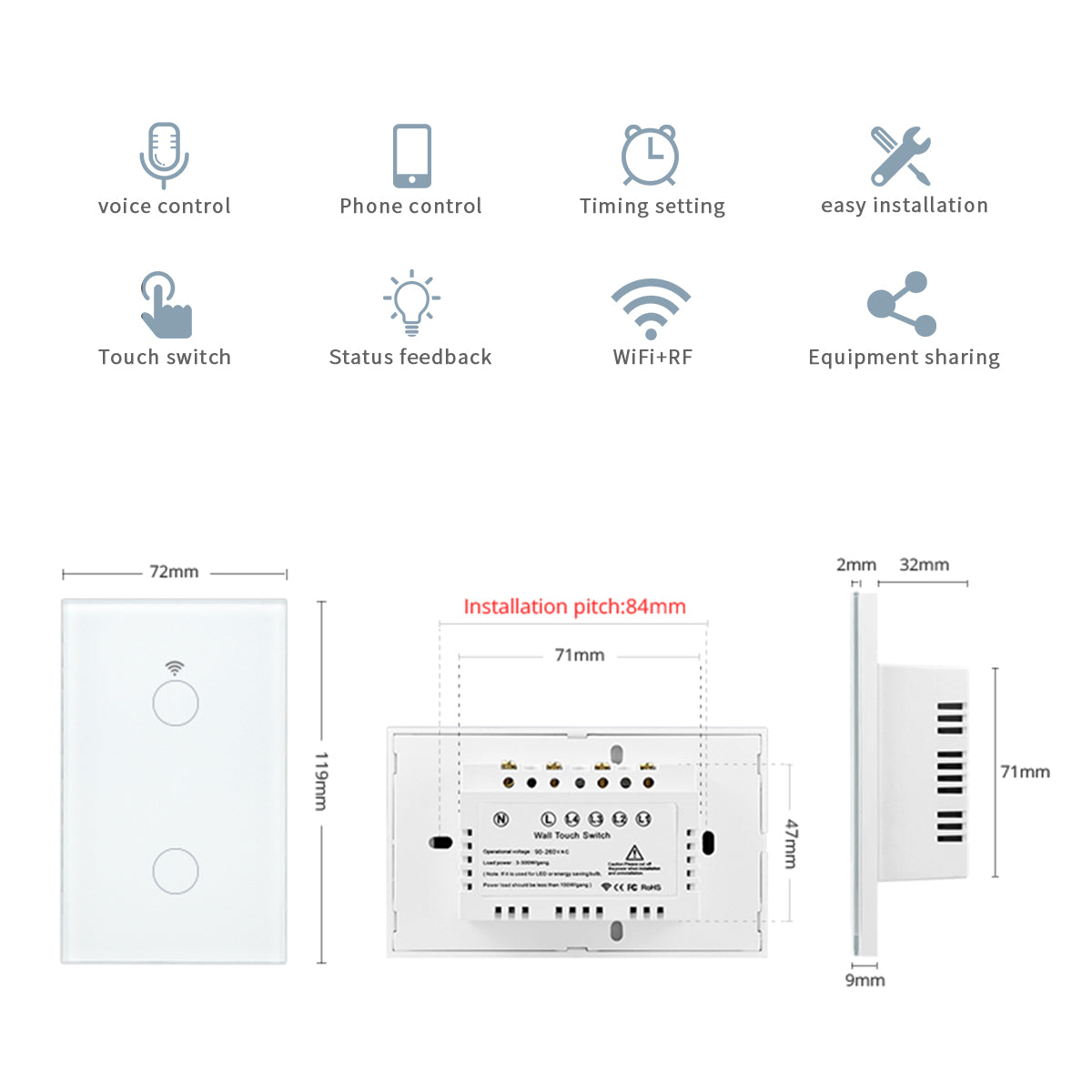 Tuya Smart Life Home House Assistant virtuel Wi-Fi Interrupteur mural à distance sans fil Commande vocale Capteur tactile Interrupteurs de lumière LED Alexa Google Home 220V