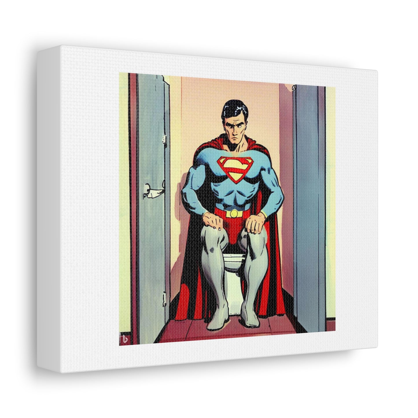 Superman Sitting in a Toilet Cubical 1930s Comic Style digital art 'Designed by AI' on Canvas