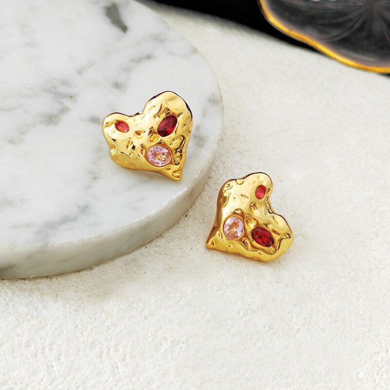 Irregular Heart Colourful Zircon Stud Earrings