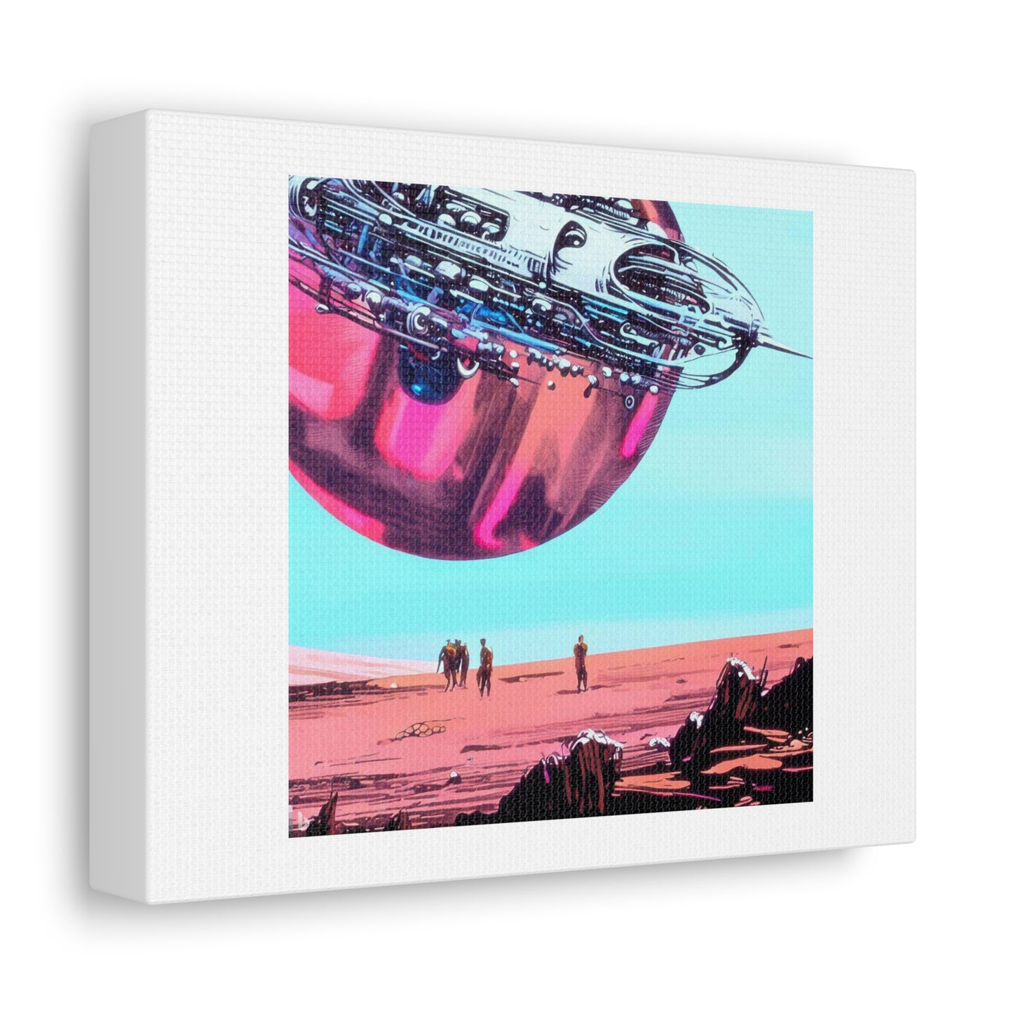 Mechanical Sphere Floating Over a Pink Desert 1970s Sci Fi Ilustration by Moebius digital art 'Designed by AI' on Canvas