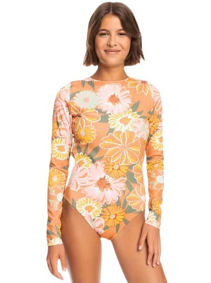 Tenglong Manches Longues Dos Nu Combinaison de Surf pour Femme Imprimé Fleur