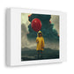 Boy Wearing Yellow Rain Coat Holding a Red Ballon in Front of a Smoking Volcano digital art 'Designed by AI' on Canvas