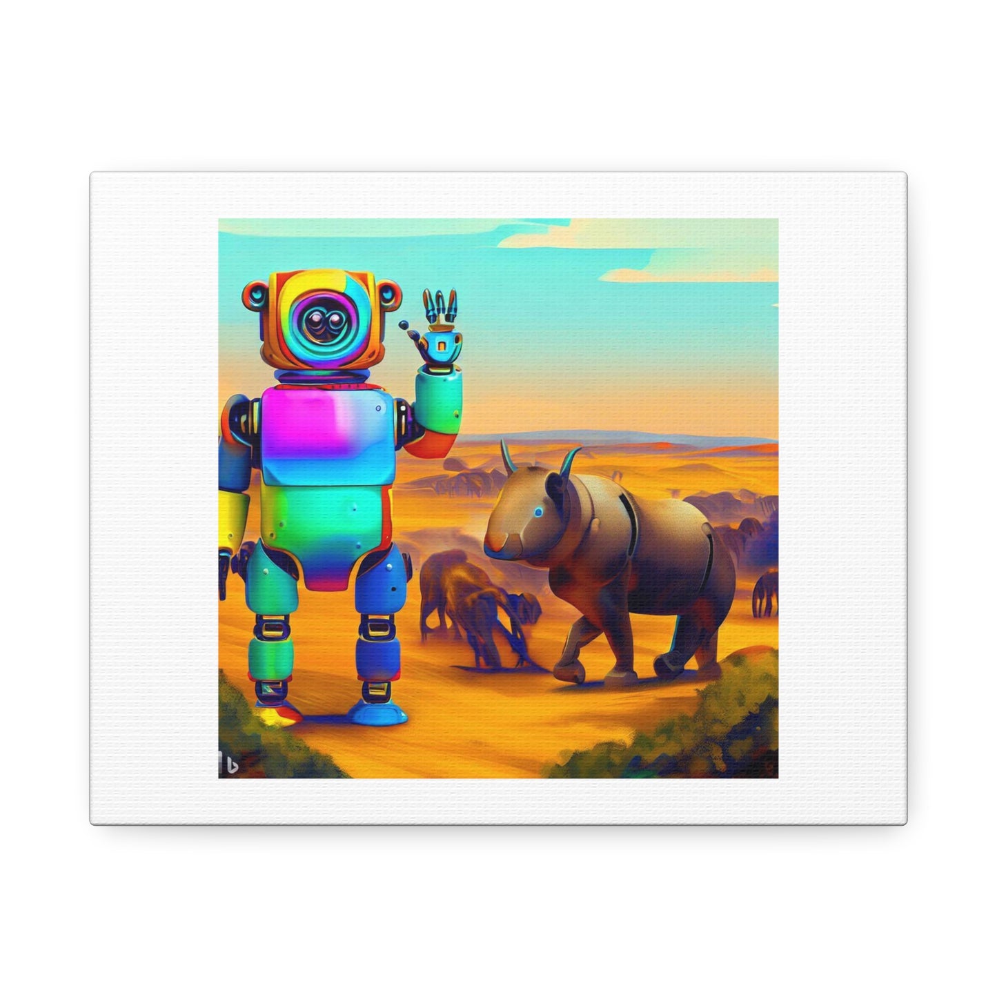 Robot on an African Safari digital art 'Designed by AI' on Satin Canvas