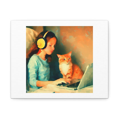 Girl with Cat Coding on a Computer digital art 'Designed by AI' on Satin Canvas