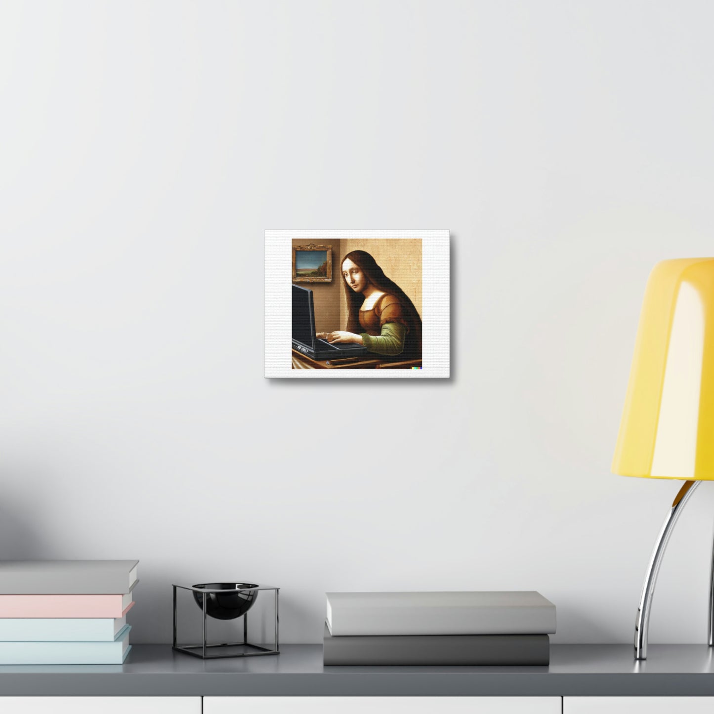 Photorealistic Painting Of Mona Lisa Working On A Laptop Digital Art 'Designed by AI' on Satin Canvas