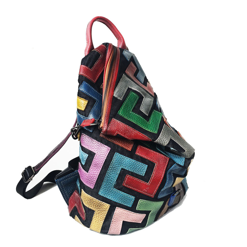 Sac à Dos Couleurs Géométriques en Cuir Véritable