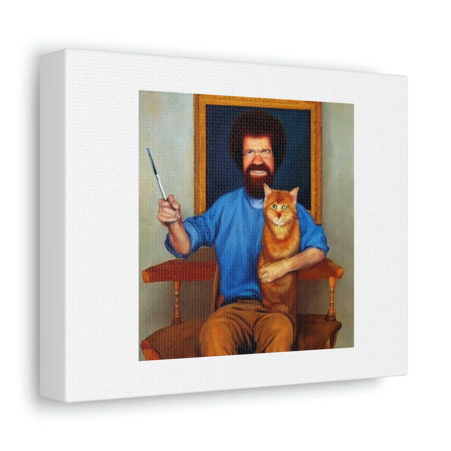 Peintre Bob Ross tenant un art numérique Ginger Cat 'conçu par AI' sur toile