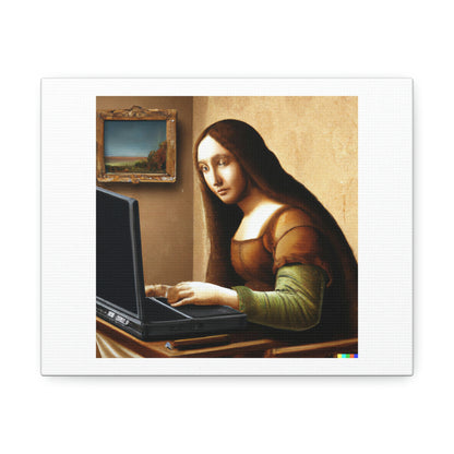 Peinture photoréaliste de Mona Lisa travaillant sur un ordinateur portable Art numérique 'conçu par AI' sur toile satinée