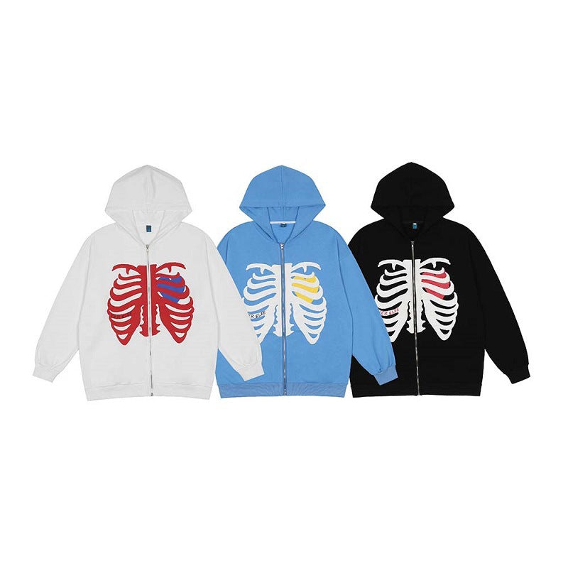 Skeleton Print Unisex Full Zip Hoodie