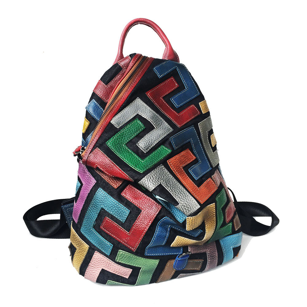 Sac à Dos Couleurs Géométriques en Cuir Véritable