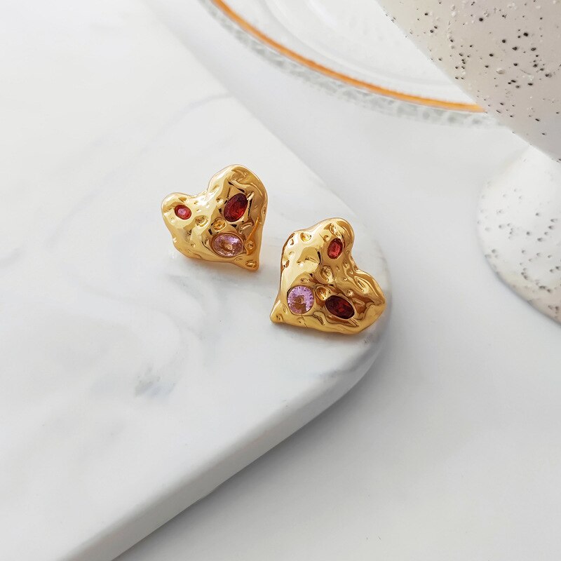 Irregular Heart Colourful Zircon Stud Earrings