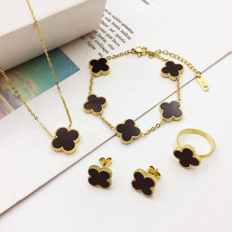 Titanium Four Leaf Flower Necklace Earrings Bracelet Set