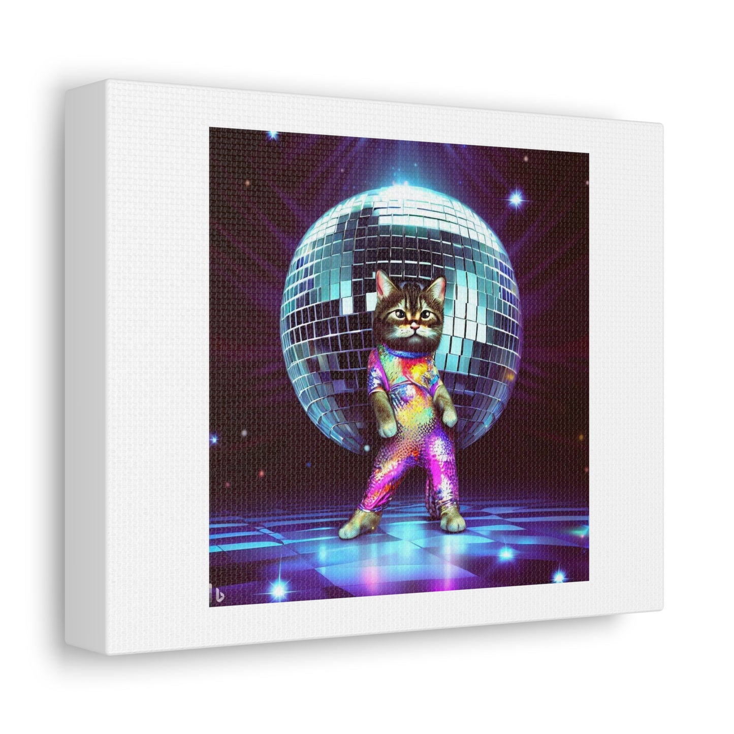 1970s Cat Under a Disco Ball digital art 'Designed by AI' on Satin Canvas
