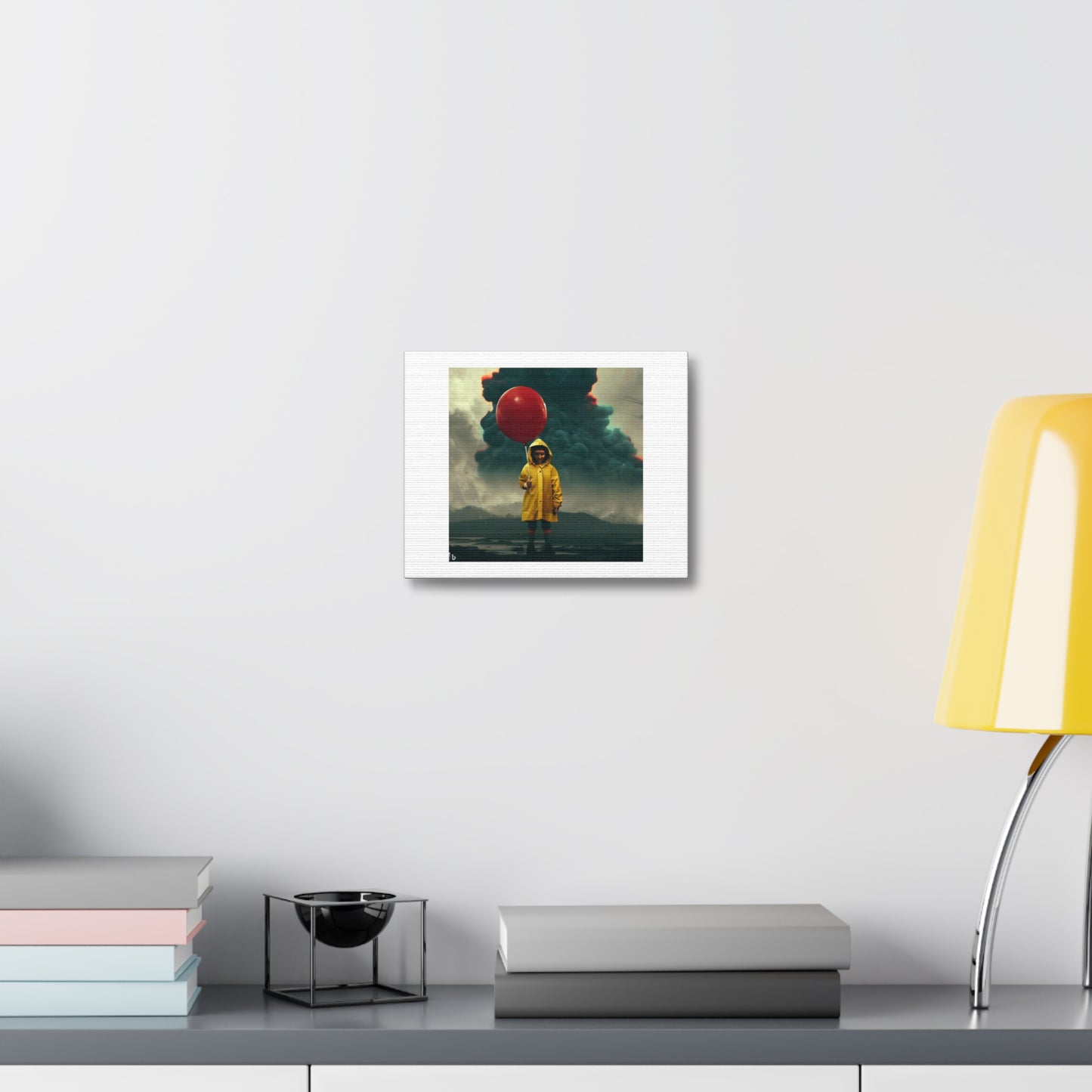 Boy Wearing Yellow Rain Coat Holding a Red Ballon in Front of a Smoking Volcano digital art 'Designed by AI' on Canvas