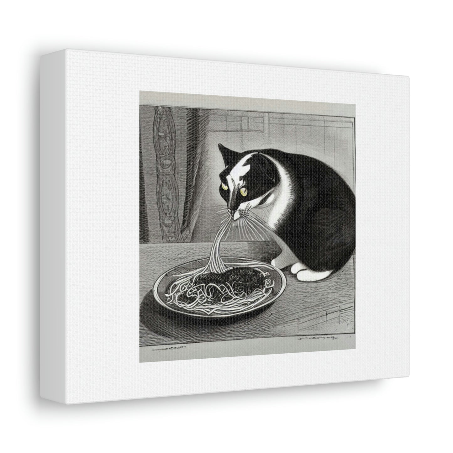 Cat Eating Spaghetti Digital Art 'Designed by AI' sur toile satinée, étirée