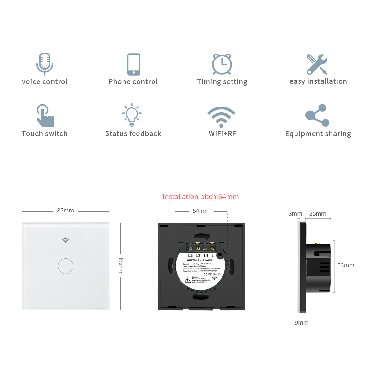 Tuya Smart Life Home House Assistant virtuel Wi-Fi Interrupteur mural à distance sans fil Commande vocale Capteur tactile Interrupteurs de lumière LED Alexa Google Home 220V