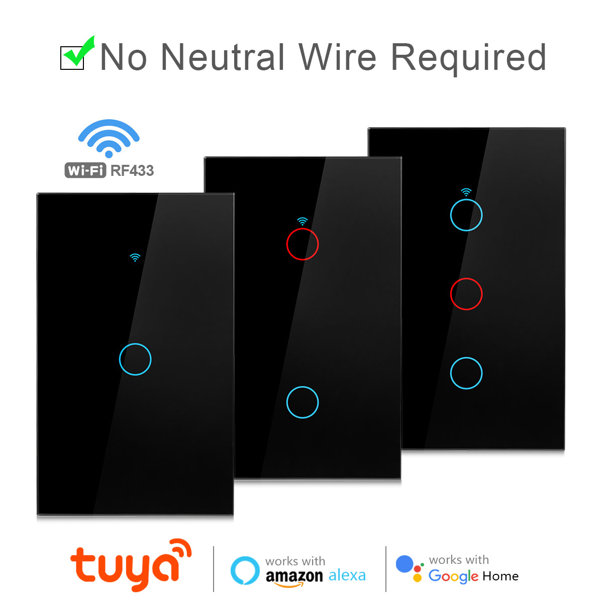 Tuya Smart Life Home House Assistant virtuel Wi-Fi Interrupteur mural à distance sans fil Commande vocale Capteur tactile Interrupteurs de lumière LED Alexa Google Home 220V