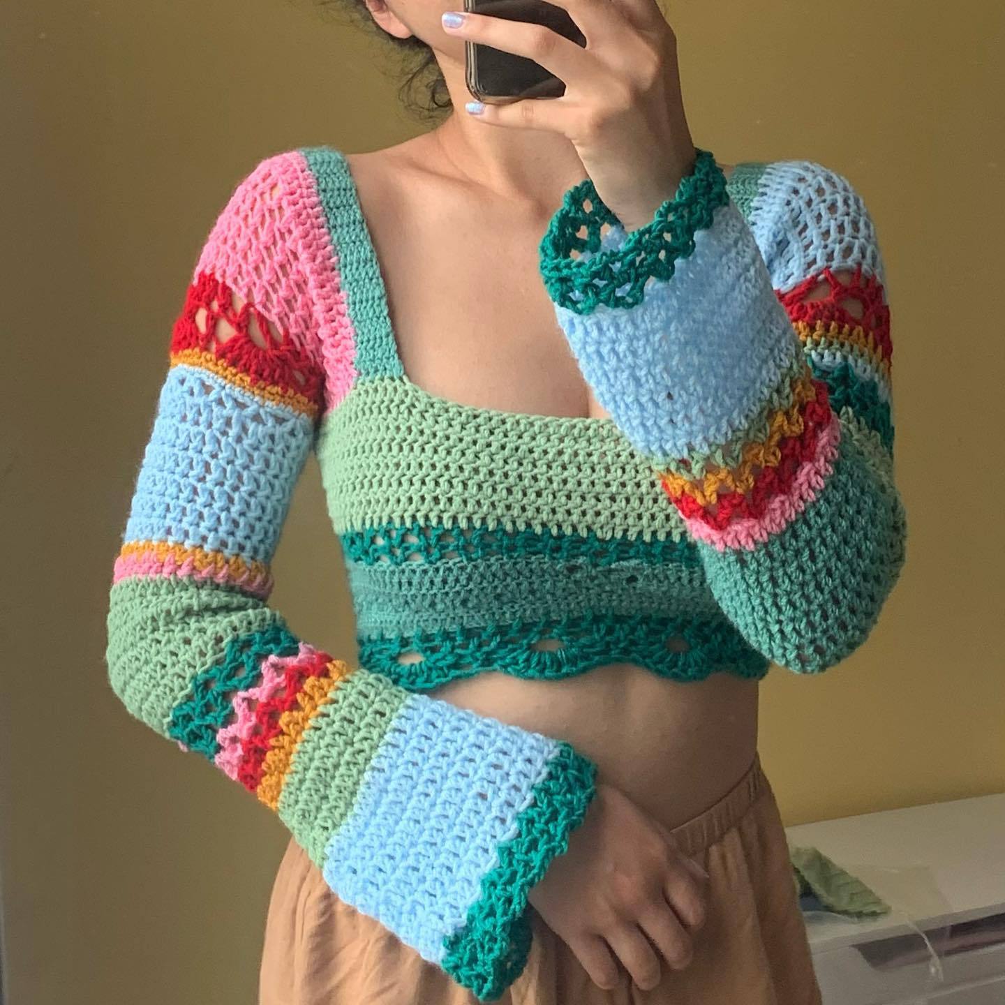 Vireous Pull pour femme Col carré Couleur Stripe Crochet fait main Fleur Haut à manches longues