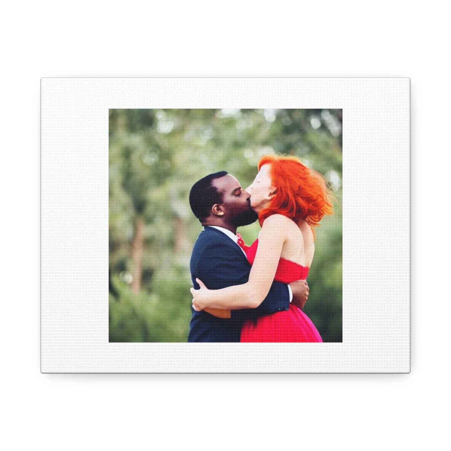 Redhead Woman Kissing Black Man Digital Art 'Designed by AI' sur toile satinée