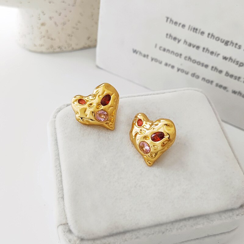 Irregular Heart Colourful Zircon Stud Earrings