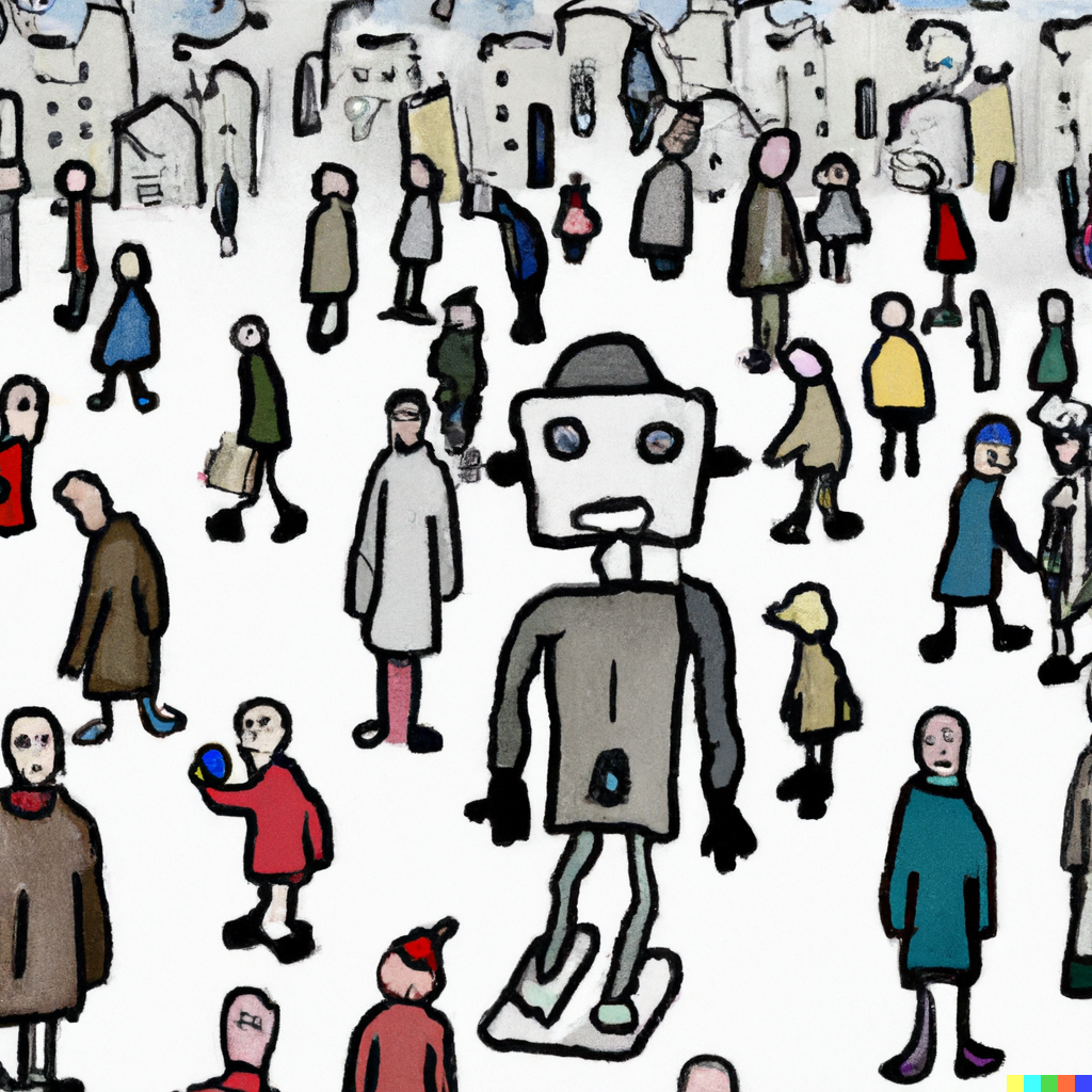 Robots and Humans in the Style of Lowry Reprised 'Designed by AI' Classic Matte Paper Wooden Framed Poster