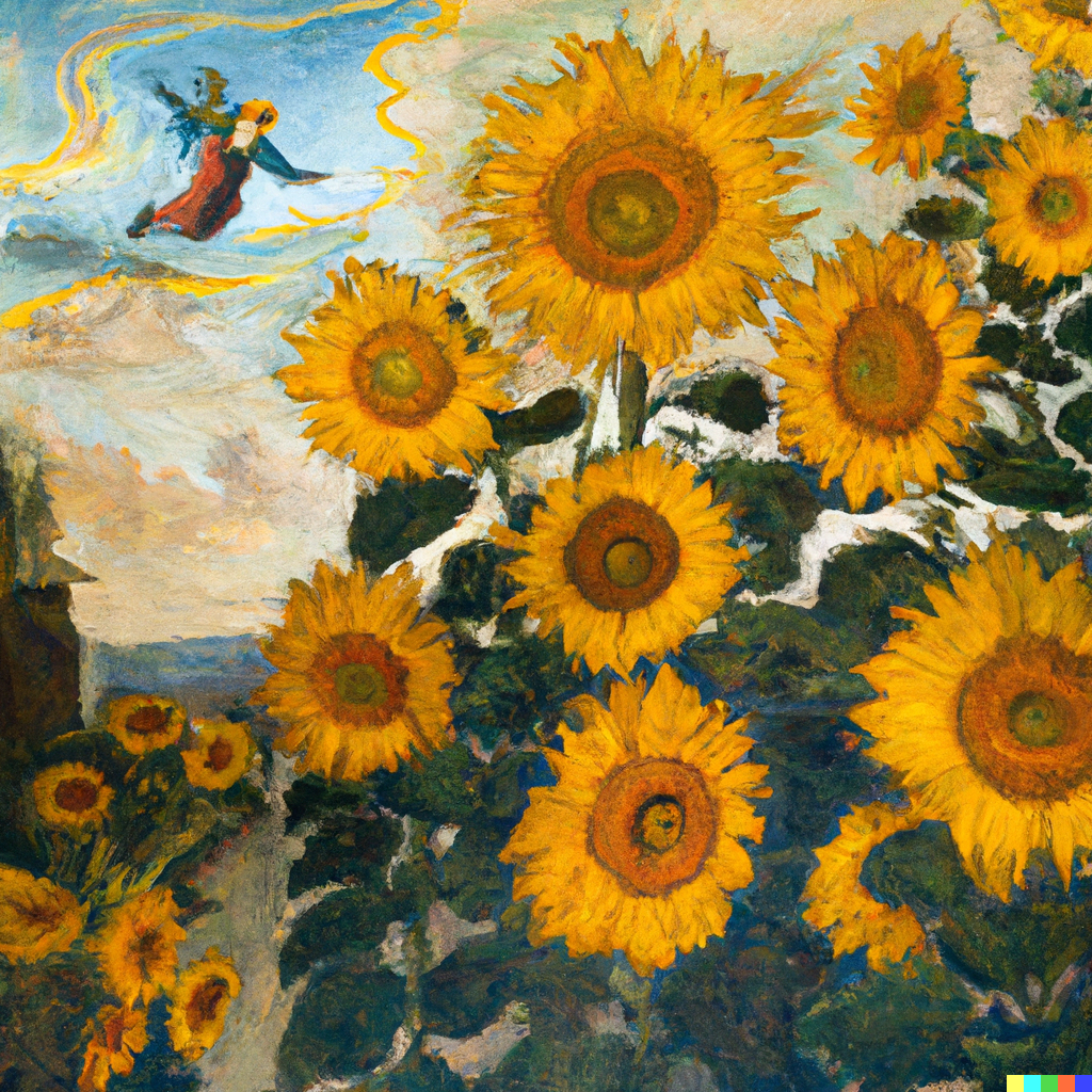 Sunflowers With An Angel Above In The Style Of Vincent Van Gogh 'Designed by AI' Classic Matte Paper Wooden Framed Poster