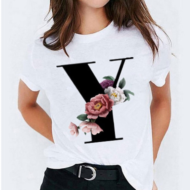 Choose Your Initial! 26 Letter Printed Women's T-Shirts