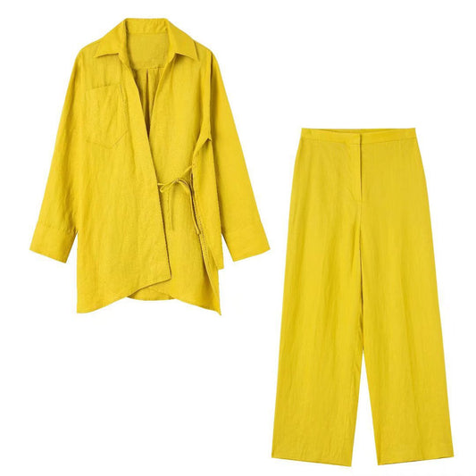 Vireous Vivid Yellow Linen Dress Shirt and Casual Pants Suit
