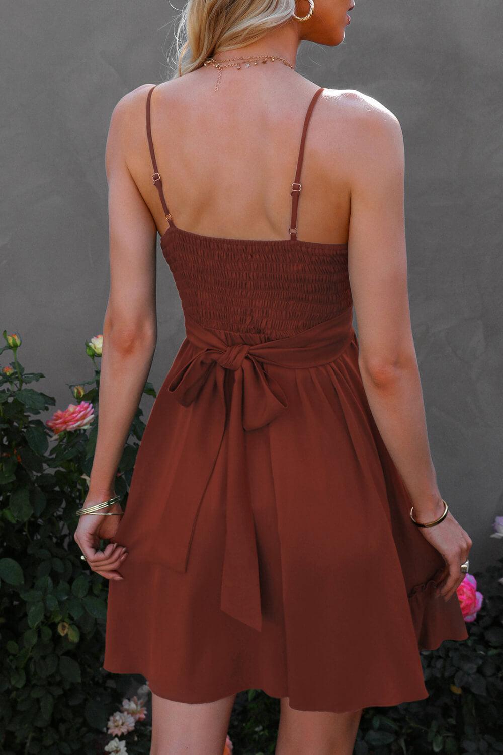 Vireous Spaghetti Strap Tie-Back Ruffle Hem Dress