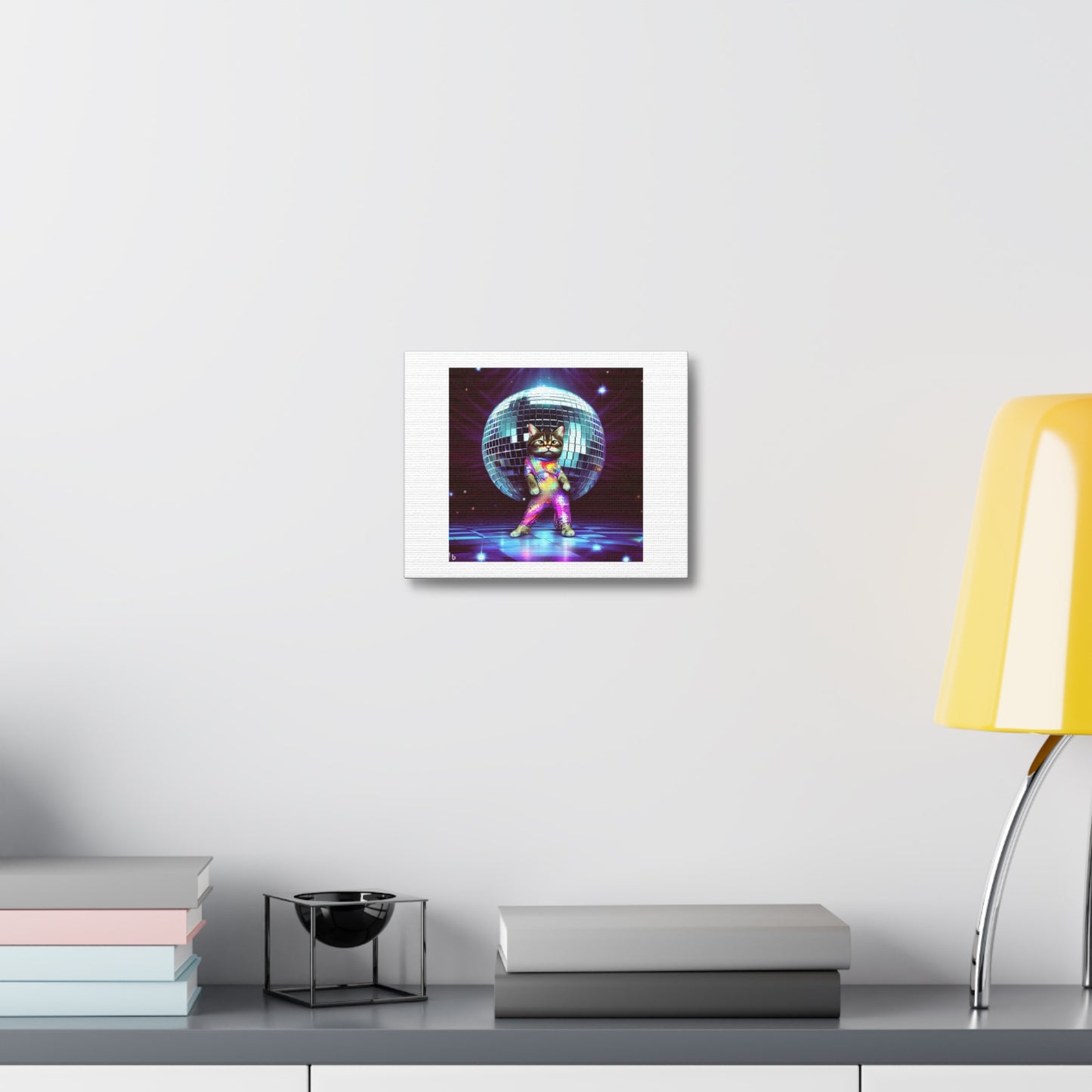 1970s Cat Under a Disco Ball digital art 'Designed by AI' on Satin Canvas