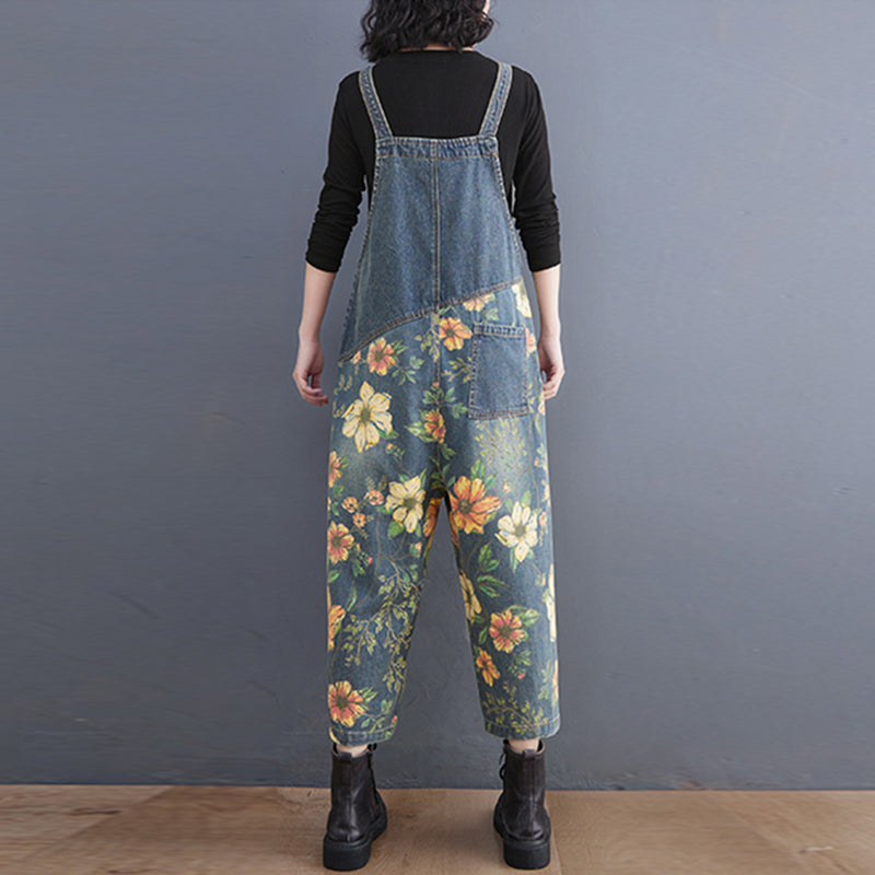 Vireous Patchwork Floral Denim Jumpsuit