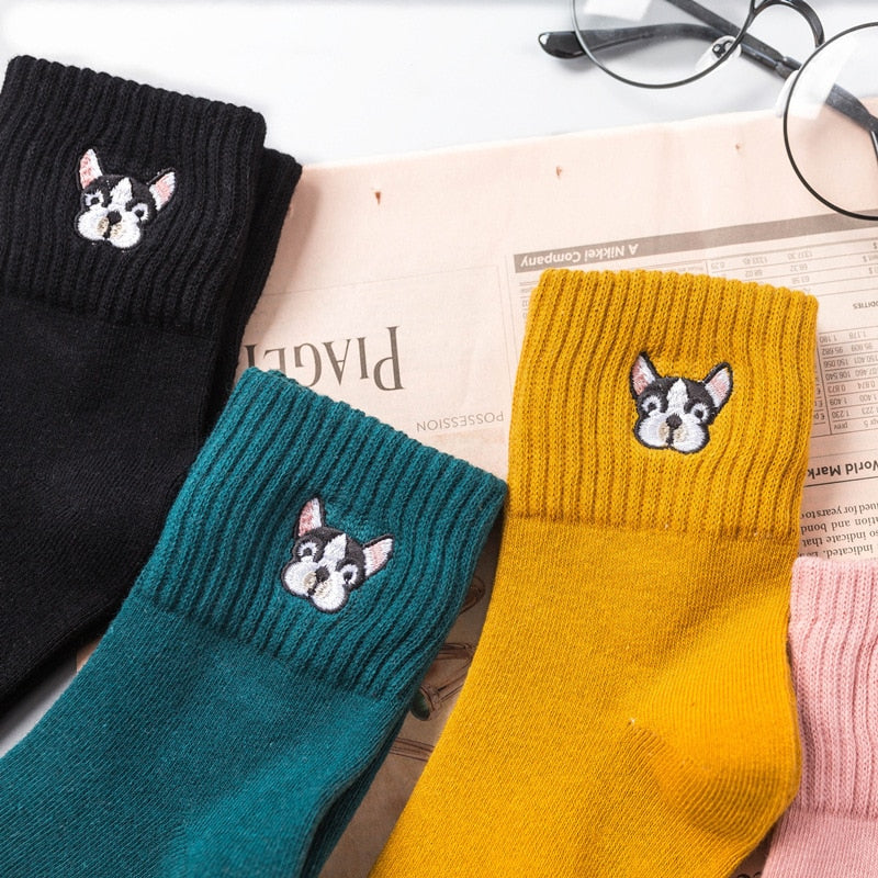 Chaussettes brodées bouledogue français pour femme