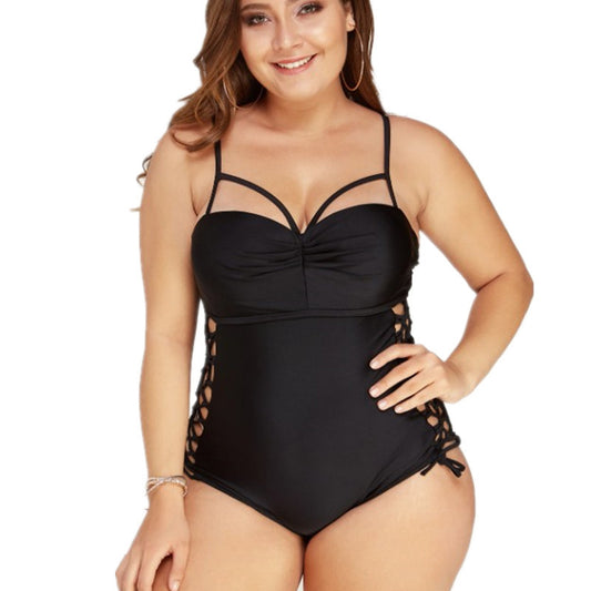 Vireous Large Size Solid Colour One Piece Swimsuit