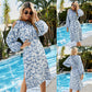 Retro Split-Long-Sleeve Sunscreen Blue Floral Dress