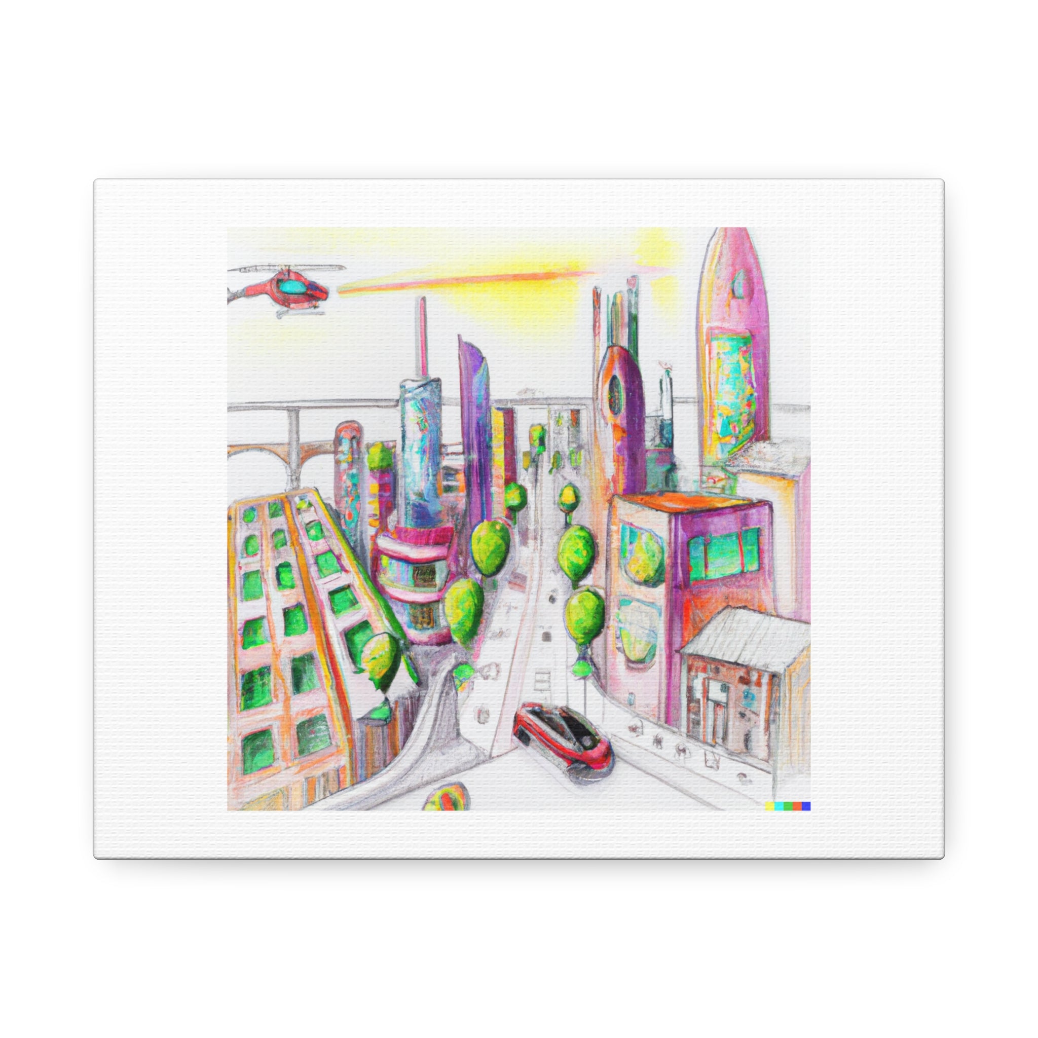 Pencil and Watercolour Drawing of a Future City with Flying Cars digit ...