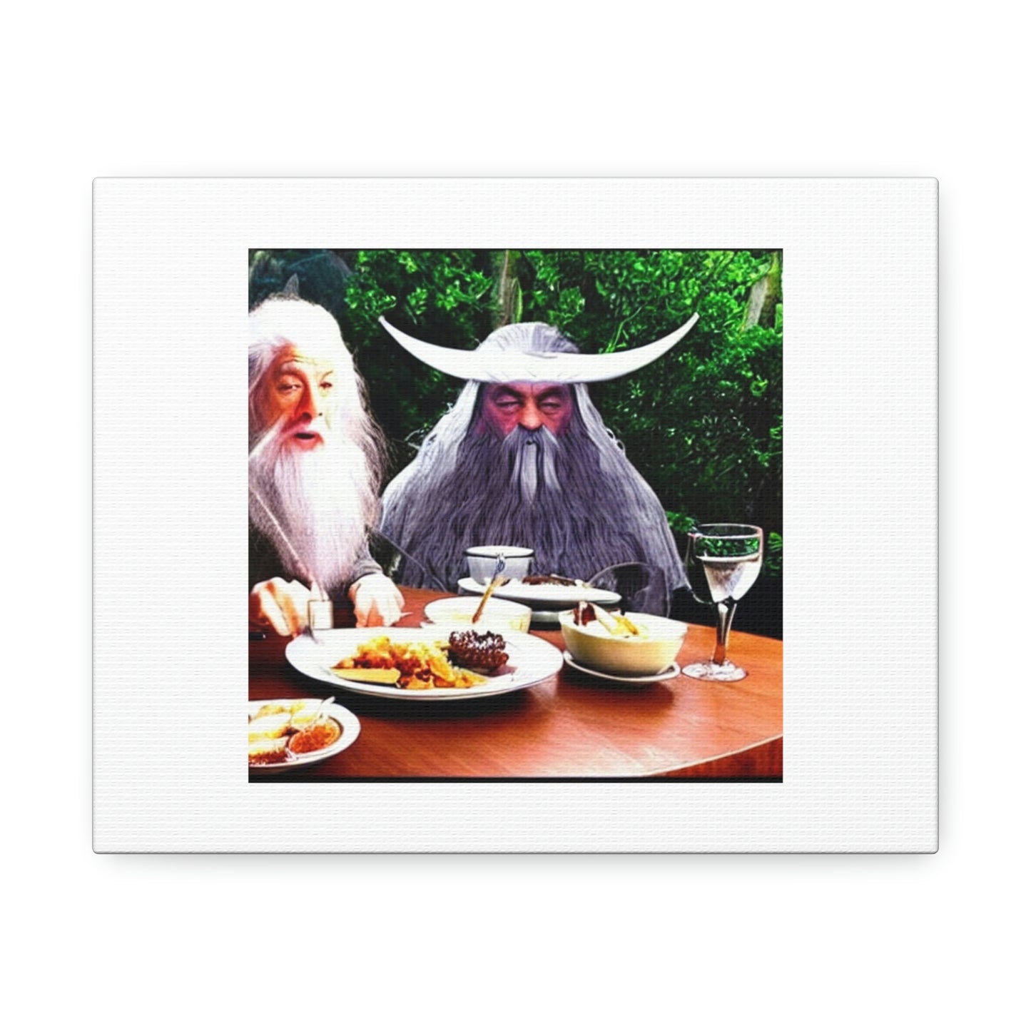 Gandalf mangeant à une table de pique-nique Art numérique 'Conçu par AI' sur toile satinée