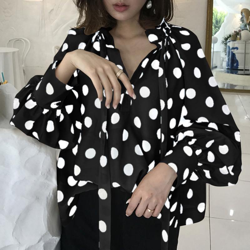 Vireous Women's Stand Collar Blouse with Bow and Lantern Sleeves