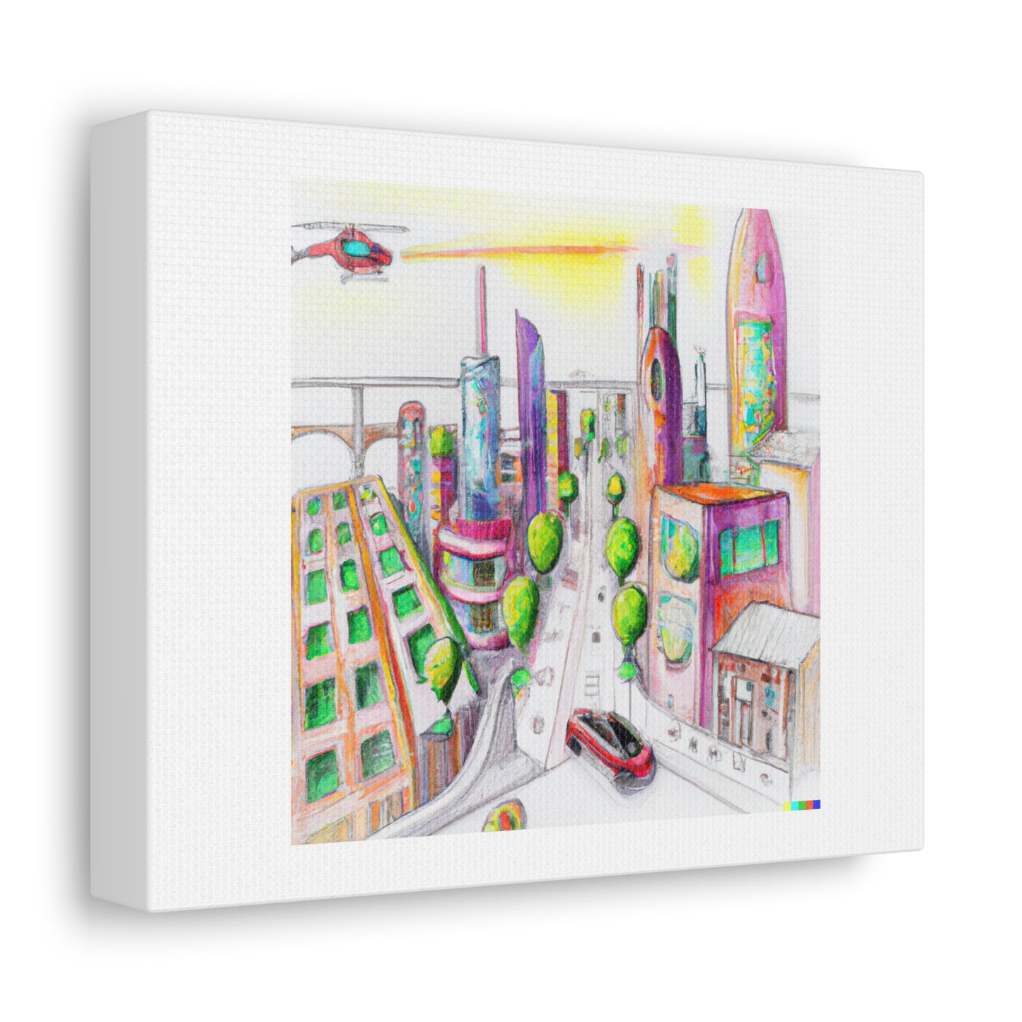 Pencil and Watercolour Drawing of a Future City with Flying Cars digital art 'Designed by AI' on Canvas