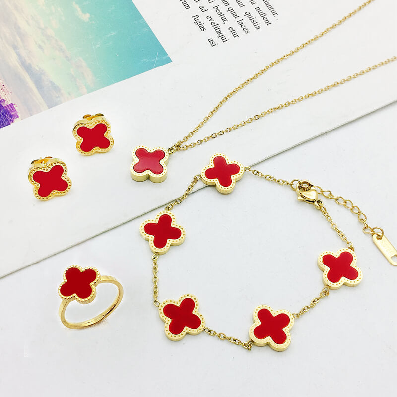 Titanium Four Leaf Flower Necklace Earrings Bracelet Set