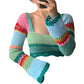 Vireous Pull pour femme Col carré Couleur Stripe Crochet fait main Fleur Haut à manches longues