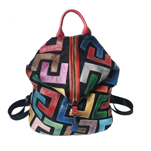 Sac à Dos Couleurs Géométriques en Cuir Véritable