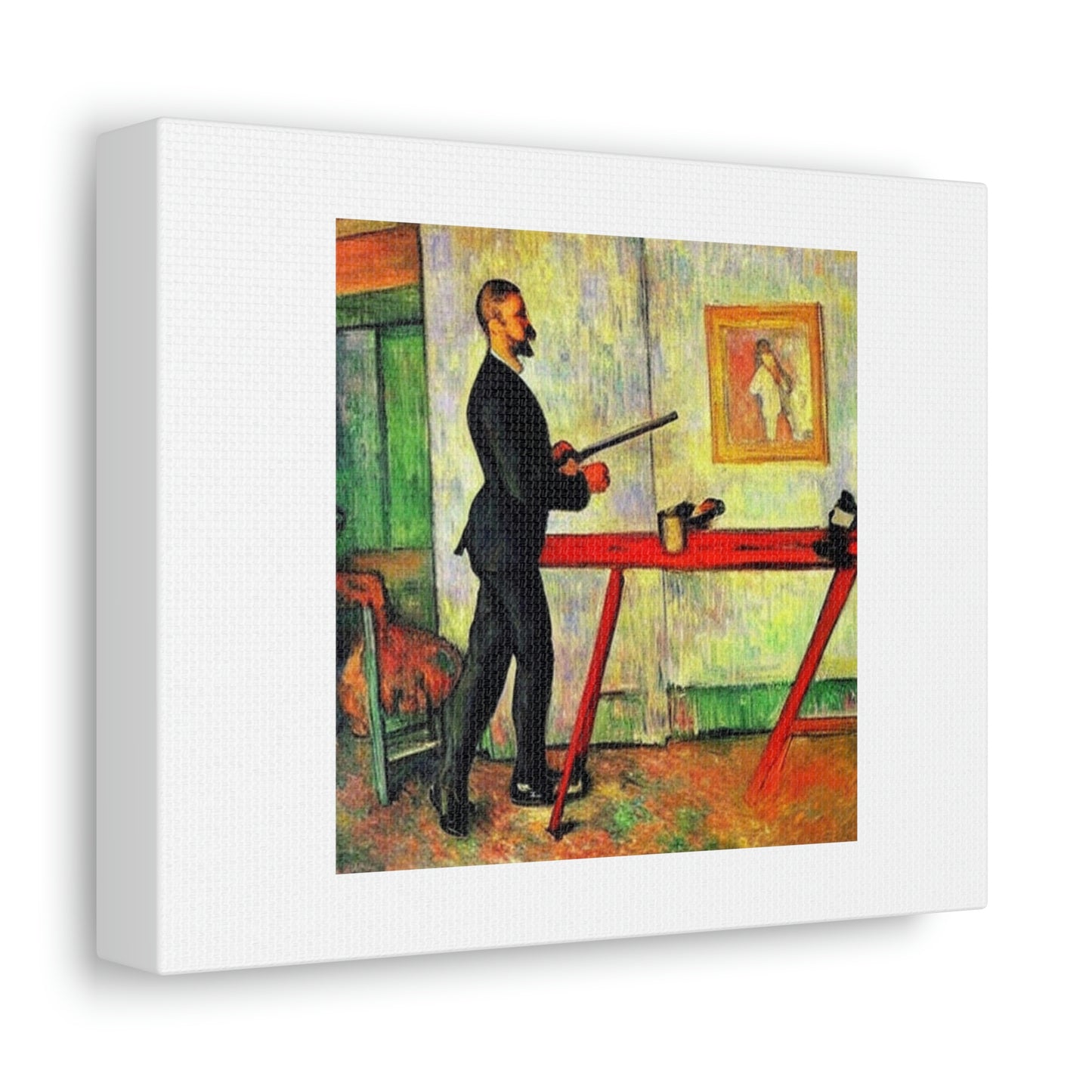 Blonde In Red Dress Guy Working At Table Digital Art 'Designed by AI' on Canvas