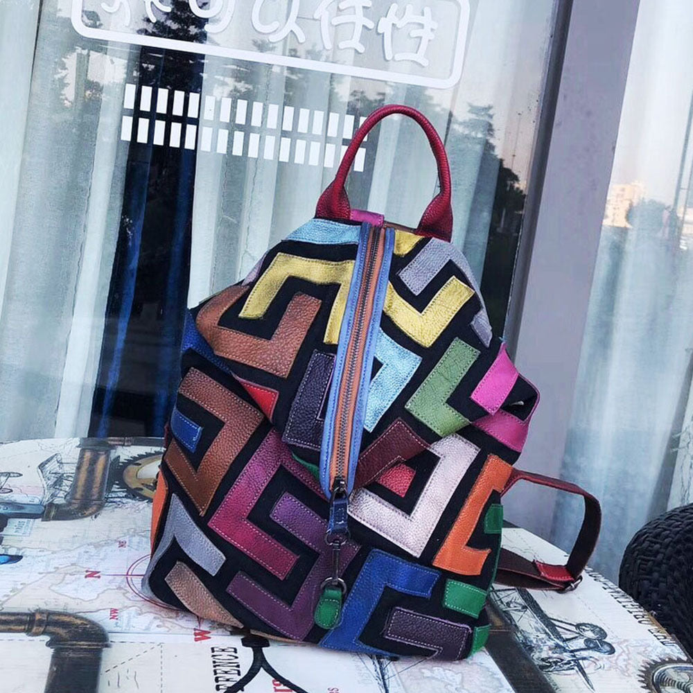 Sac à Dos Couleurs Géométriques en Cuir Véritable