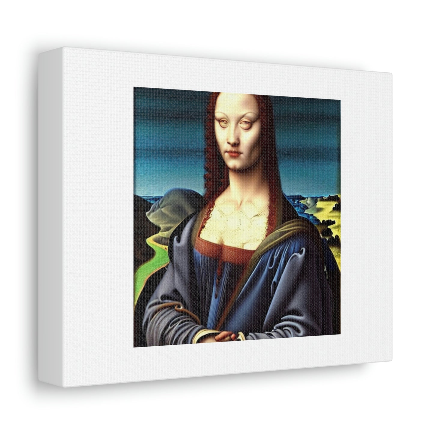 Extraterrestre reptilien androgyne bleu comme Mona Lisa sur toile «conçu par AI»